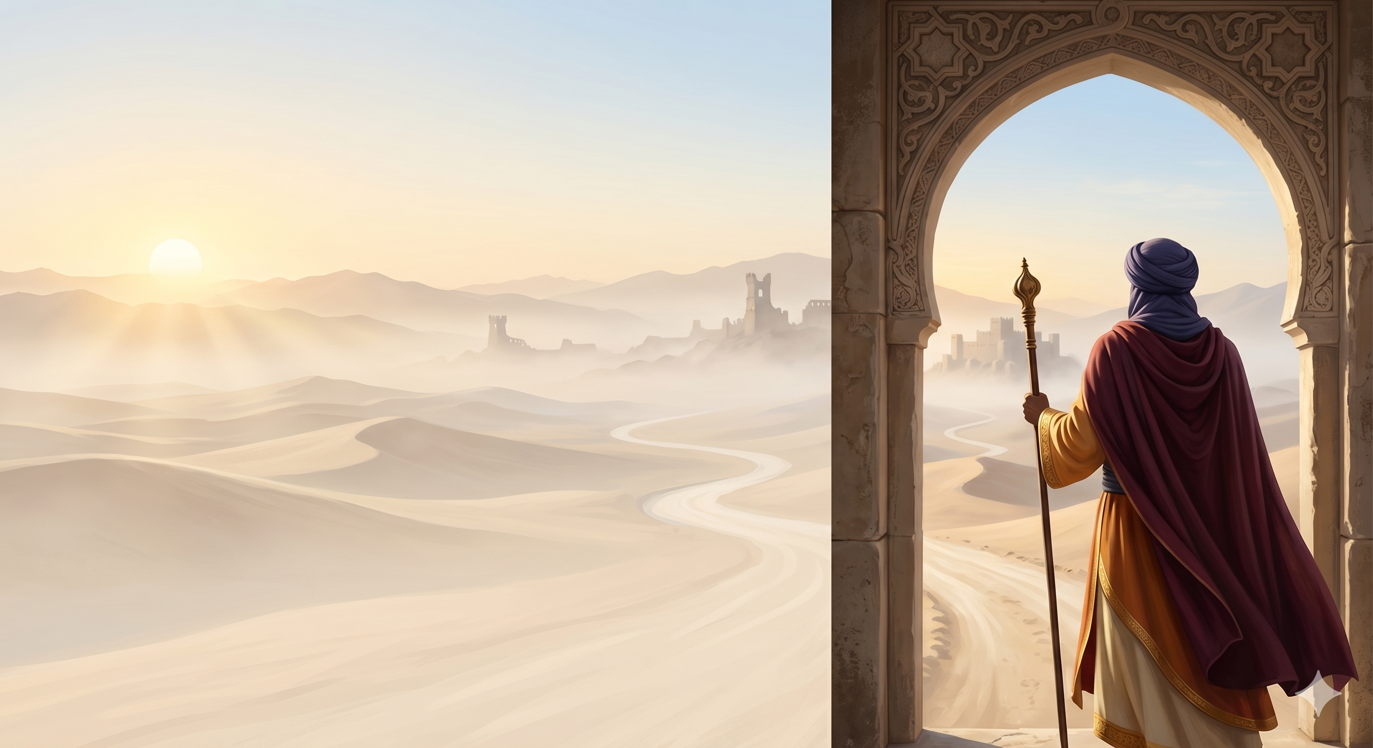 A robed traveler stands at a carved-stone archway on the right, gazing out over pale desert dunes where a winding path leads toward distant citadel walls under a soft daytime sky.